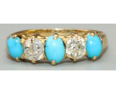 18ct yellow gold five stone diamond and turquoise ring, the three oval cabochon cut turquoises separated by two round cut dia