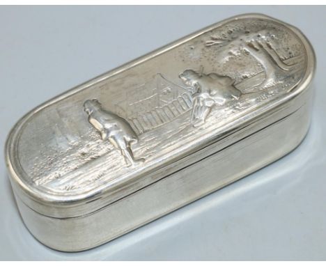 George III hallmarked silver rounded rectangular table snuff box, all over engine turned, hinged lid repousse with figures in