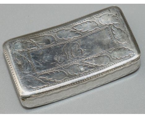 George III hallmarked silver rectangular snuff box, of curved form, decorated with wrigglework and leafage, hinged lid with i