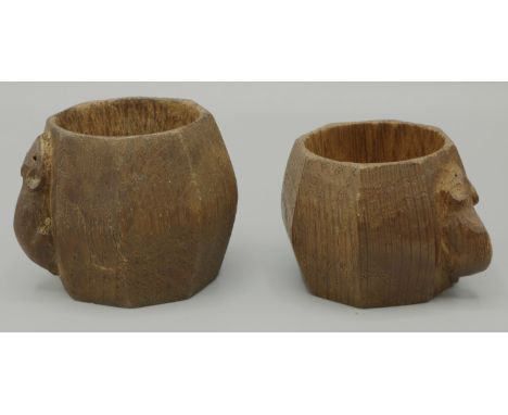 Robert Mouseman Thompson of Kilburn - two octagonal oak napkin rings, both carved with signature Mouse, H4.5cm max  (2) 