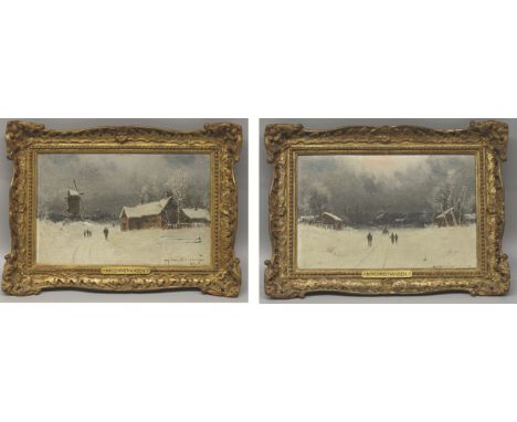 N. H. Christiansen (Circa 1850-1932); Pair of Winter scenes: Figures on a pathway with windmill &amp; cottage and figures wit