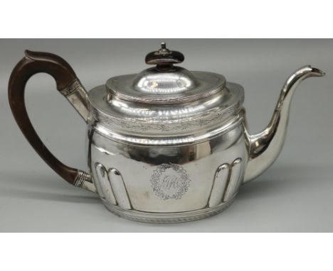 George III hallmarked silver teapot, part lobed body with engraved bands, initialed cartouche, curved spout and ebonised hand