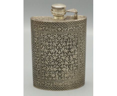 C20th silver hip flask, curved body decorated with trailing foliage in hatched border, hinged screw cap stamped 800, H14cm W8