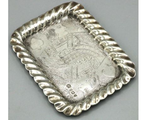 Victorian hallmarked silver 'King of Spades' rectangular card tray, with gadrooned border, by William Hutton &amp; Sons Ltd, 