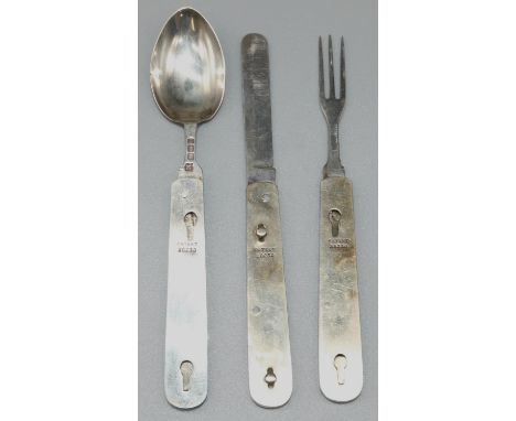 Edward VII hallmarked silver mother of pearl handled travelling folding knife, fork and spoon, blade stamped J. Singleton &am
