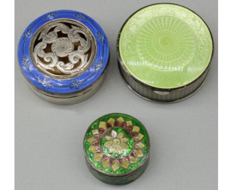 George V hallmarked silver circular pill box, pierced cover with blue enamel border, gilt interior, Birmingham 1910, a contin