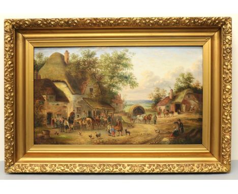 Attrib. Edward Masters (fl.1869-1880); An English Village scene with figures, animals, horses, and cart by an Inn, oil on can