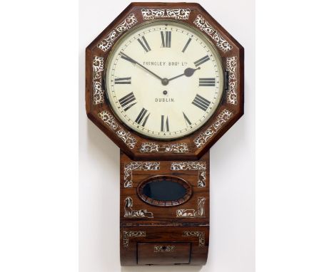 Frengley Bros. Dublin - C19th Irish mother of pearl inlaid rosewood drop dial wall clock, signed circular white Roman dial wi