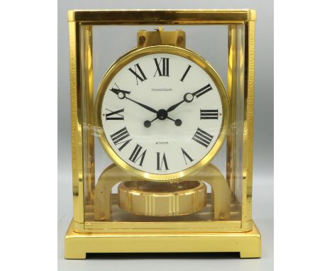 Jaeger-LeCoultre Classic V Atmos clock, the signed circular white Roman dial, in a gilt brass and glazed case, visible moveme