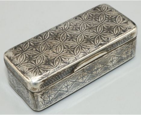 C19th Russian silver rectangular snuff box, all over niello decorated with geometric designs, stamped HA over 1857 and 84, W7
