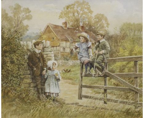 J. C. Lund (British C20th); Group of Children by a Cottage garden gate, watercolour, signed, 21cm x 26cm 