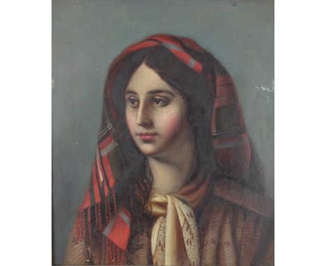 Charlotte Bane Hall (nee Dyon) (1831-1903); Head and shoulder portrait of a continental woman with patterned scarf and tartan