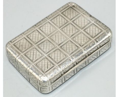 George III hallmarked silver rectangular table snuff box, all over engraved with hatched square detail, gilt interior, makers