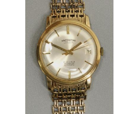 Winegartens of London, gold cased automatic wristwatch with date, signed silvered dial with applied baton hour markers, three