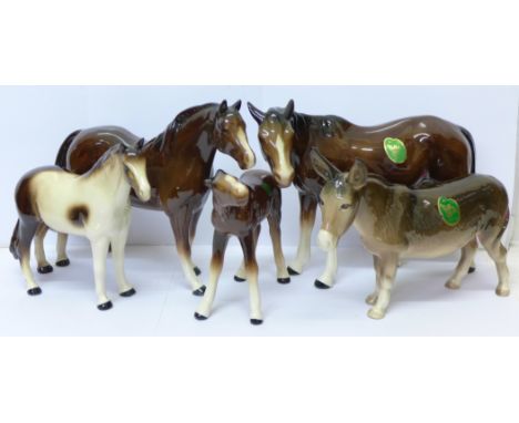 Four Melba Ware horses and a Melba Ware donkey