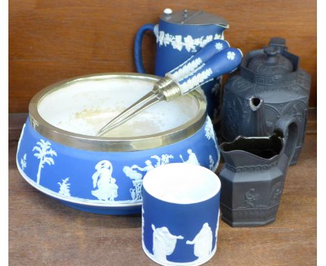 A Wedgwood Jasperware salad bowl and servers, a Tunstall jug, a pot and a black teapot and jug