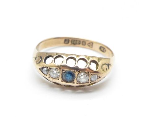 A 9ct gold, sapphire, pearl and white stone ring, Chester 1918, 1.5g, L