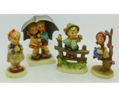 Four Hummel figures, two boxed, Apple Tree Girl a/f