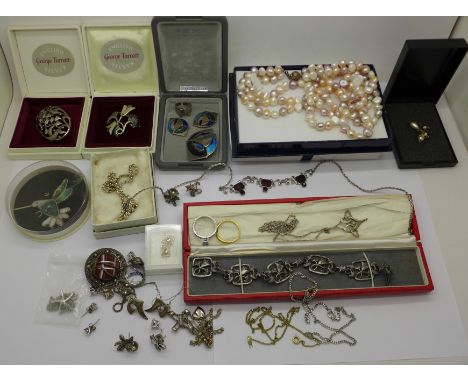 A collection of silver and designer jewellery including a George Tarratt brooch by Geoffrey Bellamy, a similar bracelet and o