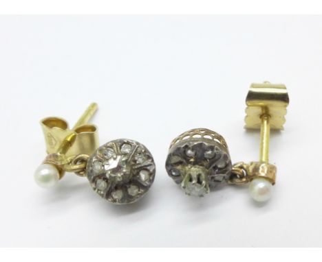 A pair of old cut diamond and pearl earrings, 1.8g, the fasteners marked 750