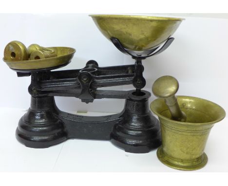 A set of Librasco scales with bell weights and a pestle and mortar