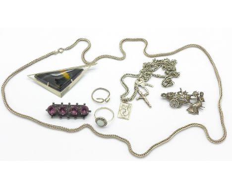 Two silver chains, 45.1g, three brooches and two rings including an Art Deco ring set with opal and marcasite