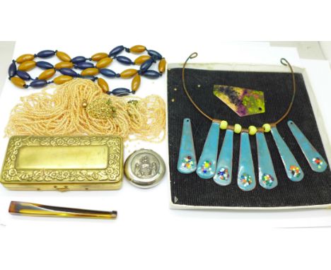 An enamel necklace, jewellery, brass box, etc.