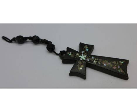 A mother of pearl inlaid cross pendant, 53mm x 31mm