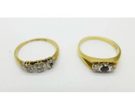 Two 18ct gold rings, one lacking one diamond, 4.1g, K and L