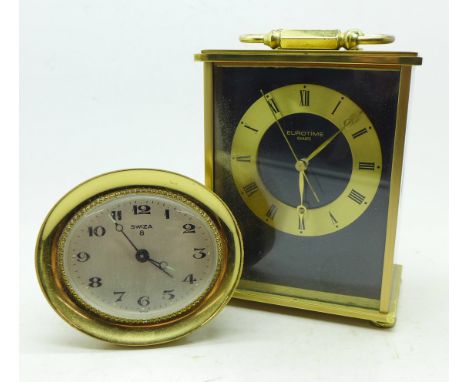 A Eurotime quartz carriage clock, with box and original receipt dated 1981, and a Swiza alarm clock