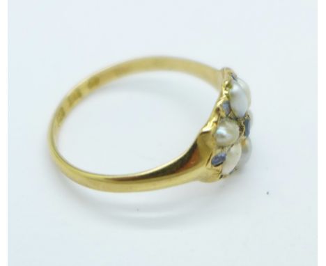 A Victorian 18ct gold, sapphire and pearl ring, Birmingham 1867, 2.9g, O