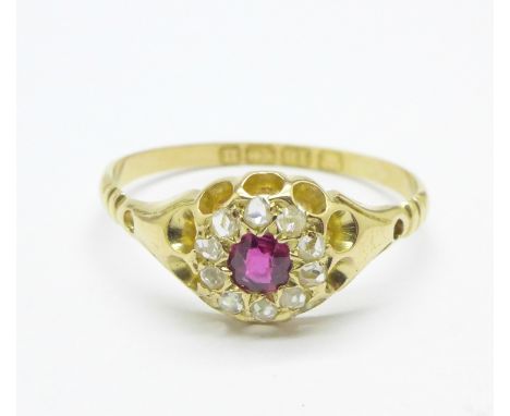 A Victorian 18ct gold, ruby and rose diamond cluster ring, Birmingham 1894, 2.6g, U