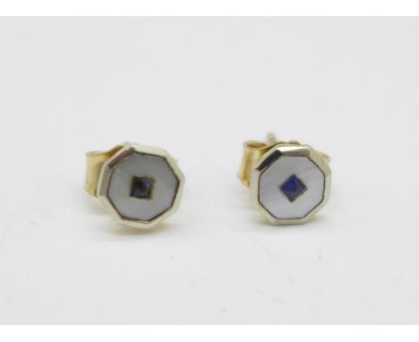 A pair of 9ct gold, sapphire and mother of pearl stud earrings