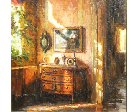 Mark O'Neill b. 1963
EVENING LIGHT 
Oil on board, 15 1/2" x 16 1/2" (39.5 x 42cm), signed. 