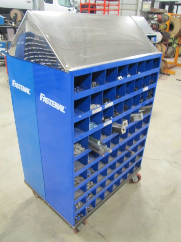 Fastenal Portable Rolling Bin with Nuts, Bolts, Split Washers, Cable