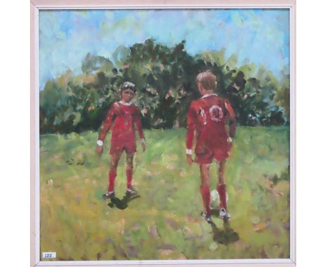 Keith Gardner R.C.A - Framed oil on board depicting Children playing Football. Approx. 60 x 60cm
Reasonable used condition