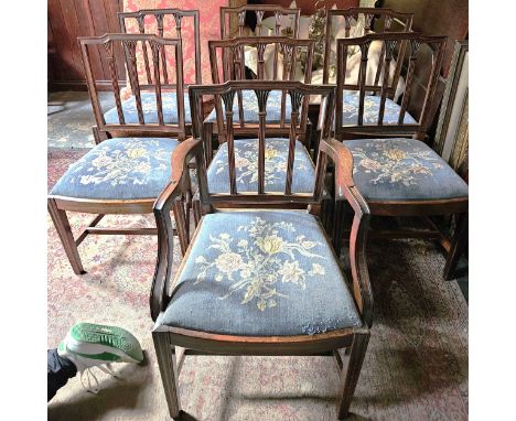 Set of 7 (6+1) 19th century mahogany dining chairs, all with tapestry seats. Approx. 90cms H all used with wear due to age sc