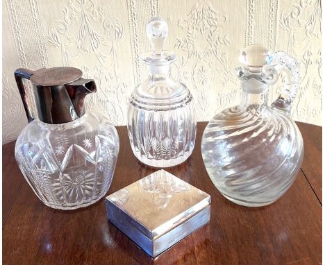 TWO GLASS WATER JUGS AND SILVER PLATED TOP CARAFE PLUS SILVER CIGARETTE CASE APPROX 8cm SQ