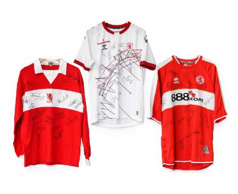 Middlesbrough Three Signed Shirts (i) 888.com 1986-2006 20th Anniversary (ii) Nostalgia signed by Jim Platt, David Armstrong 