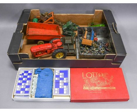 Lesney Large Massey Ferguson Tractor  (G-F, lacks exhausts) cast iron Buckeye Ditcher, Mettoy tractor trailer and harrow, Lon