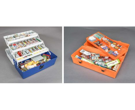 A Pair of Cantilever Tackle Boxes containing a large number of boxed lures by Rapala, Vibro, Mepps and Abu along with some ac