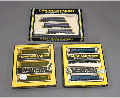 Graham Farish N Gauge Class 101 Three Car Sets 8148 NSE (E box E-G) 8146 BR blue (E box G) and 8137 BR blue (E box G, lacks c