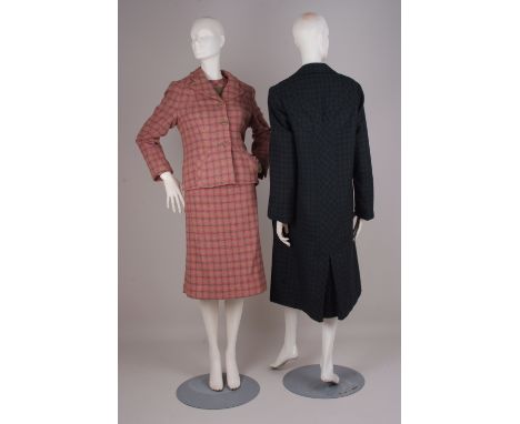 TWO 1960's 'LACHASSE' ARGYLL WOOL LADIES SUITS & COAT A couture dark green and dark blue plaid jacket and skirt. Underarm to 