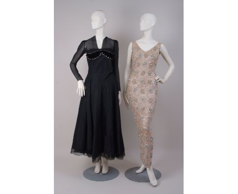 TWO VINTAGE 1950'S EVENING DRESSES To include a heavily embellished long shift dress, embroidered in pearls, diamante, beads 