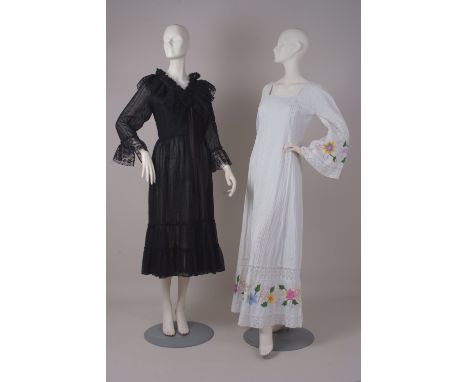 A COLLECTION OF 1970'S MEXICAN DESIGNER DRESSES & TOPS A 1970's Mexican pin-tucked white cotton dress, with hand embroidered 