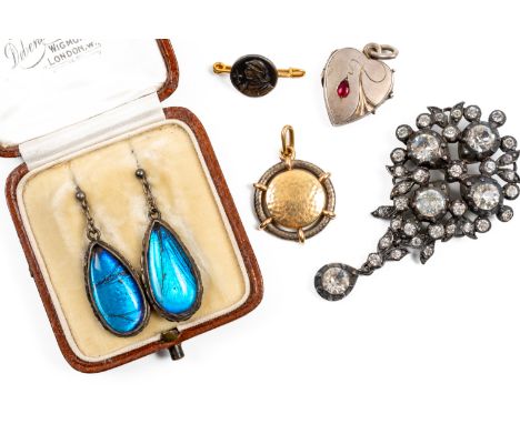 FIVE ITEMS OF JEWELLERY (7)Comprising: a pair of silver mounted butterfly wing drop earrings with hook fittings, cased, a sil