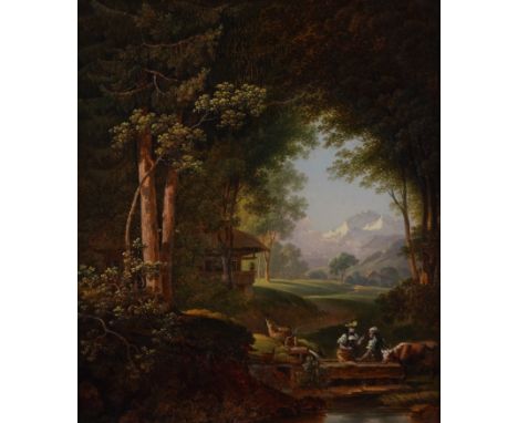 SWISS SCHOOL, EARLY 19TH CENTURYMeeting by a trough
oil on panel
28.5 x 23.5cm

Provenance
Private collection, UK