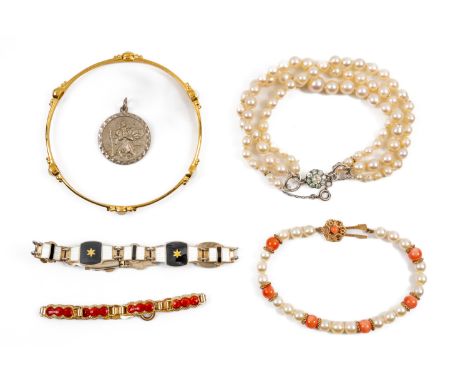 SIX ITEMS OF JEWELLERY (6)Comprising; a Scandinavian silver gilt, black and white enamelled bracelet, detailed 925 S, a Norwe