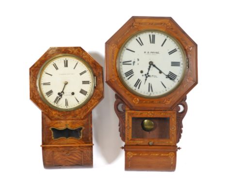 A WALNUT INLAID DROP DIAL CLOCK AND ANOTHER (2)The painted enamel dial inscribed ‘W.B.PAYNE 15. Castle. Street’, with pendulu
