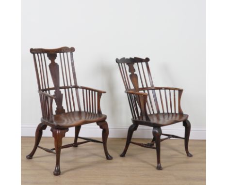 AN 18TH CENTURY AND LATER THAMES VALLEY COMB BACK ASH AND ELM WINDSOR CHAIR ANOTHER SIMILAR (2)On four cabriole supports, the